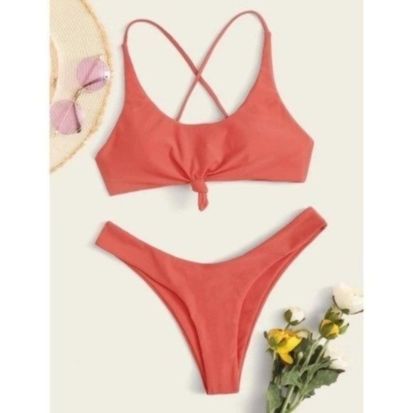 Other - Front knot high cut swimsuit bikini set red orange two piece set